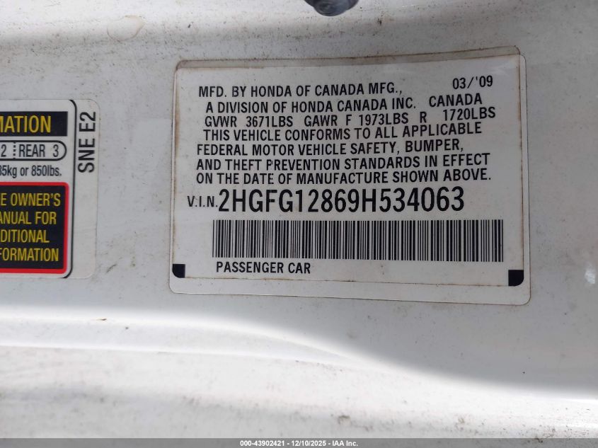 2009 Honda Civic Ex VIN: 2HGFG12869H534063 Lot: 43902421
