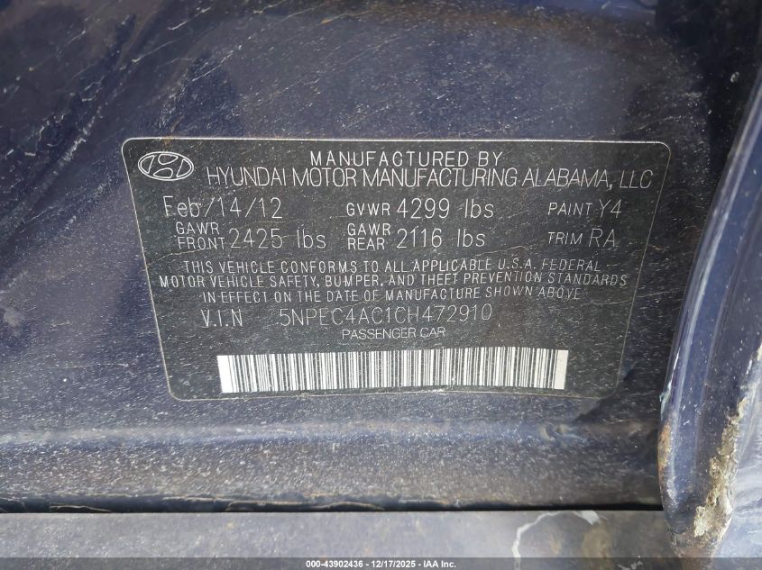 2012 Hyundai Sonata Se VIN: 5NPEC4AC1CH472910 Lot: 43902436