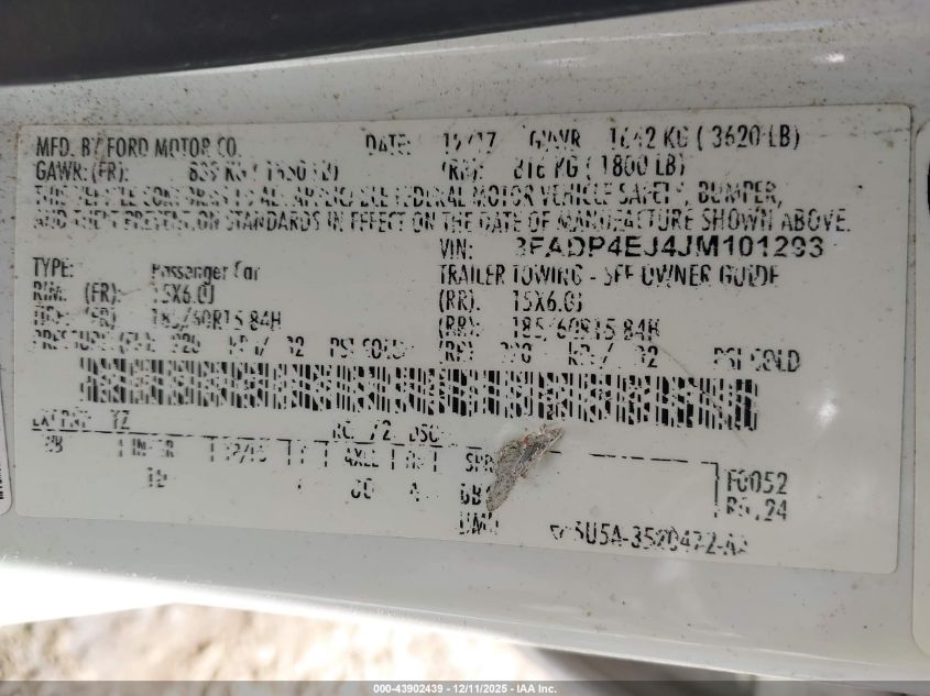 2018 Ford Fiesta Se VIN: 3FADP4EJ4JM101293 Lot: 43902439