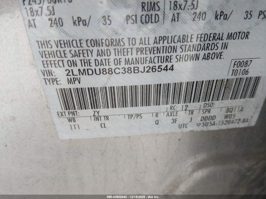 2008 Lincoln Mkx VIN: 2LMDU88C38BJ26544 Lot: 43902440