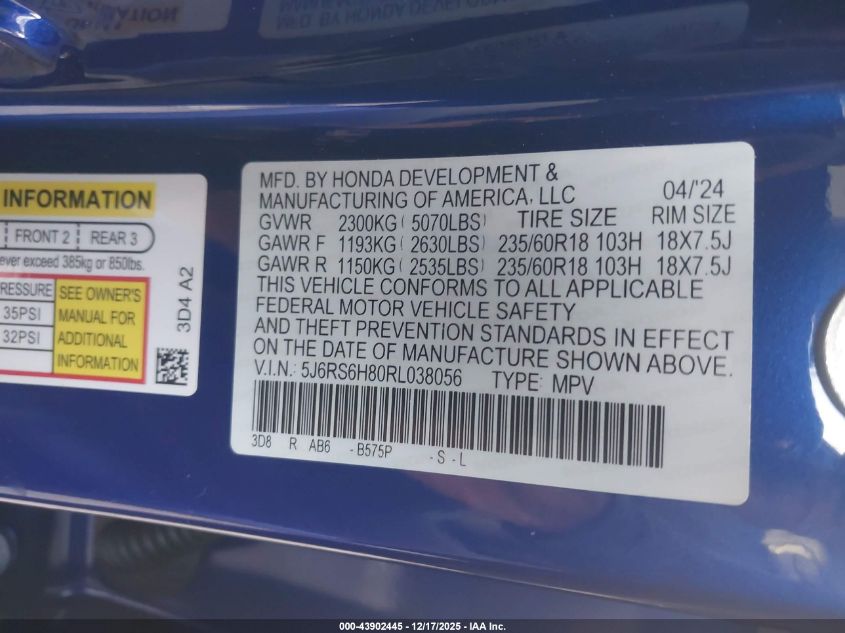 2024 Honda Cr-V Hybrid Sport-L VIN: 5J6RS6H80RL038056 Lot: 43902445
