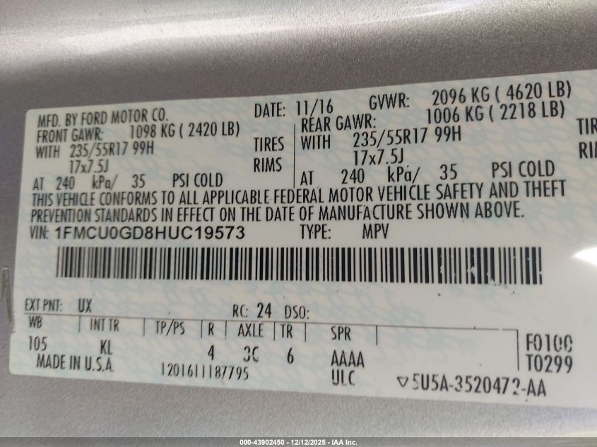 2017 Ford Escape Se VIN: 1FMCU0GD8HUC19573 Lot: 43902450