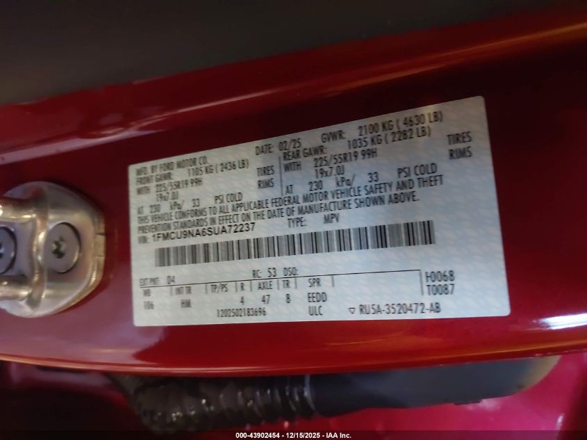 2025 Ford Escape St-Line Select VIN: 1FMCU9NA6SUA72237 Lot: 43902454