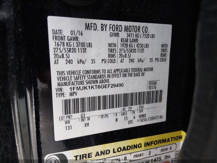 2016 Ford Expedition El Limited VIN: 1FMJK1KT6GEF29490 Lot: 43902457