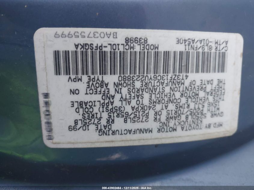 2000 Toyota Sienna Le VIN: 4T3ZF13C6YU223880 Lot: 43902464