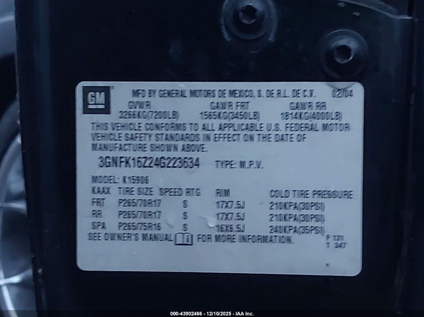 2004 Chevrolet Suburban 1500 Z71 VIN: 3GNFK16Z24G223634 Lot: 43902466