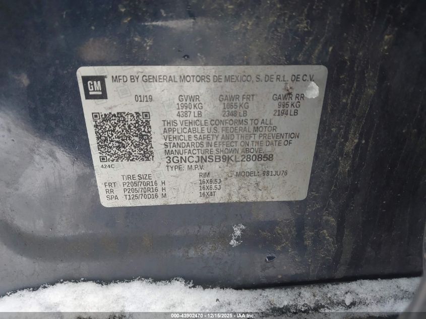 2019 Chevrolet Trax Ls VIN: 3GNCJNSB9KL280858 Lot: 43902470