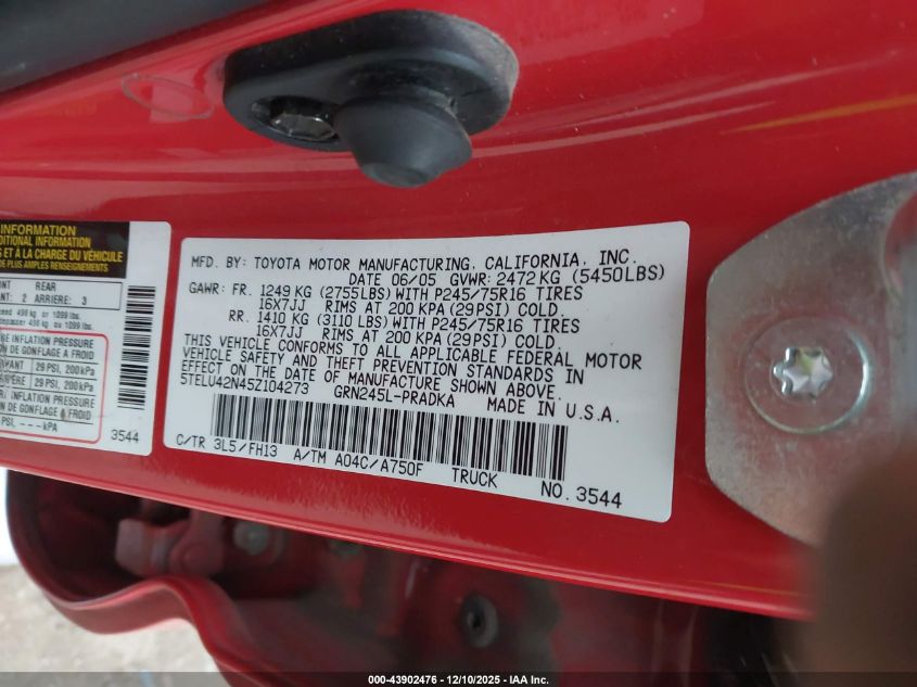 2005 Toyota Tacoma Base V6 VIN: 5TELU42N45Z104273 Lot: 43902476
