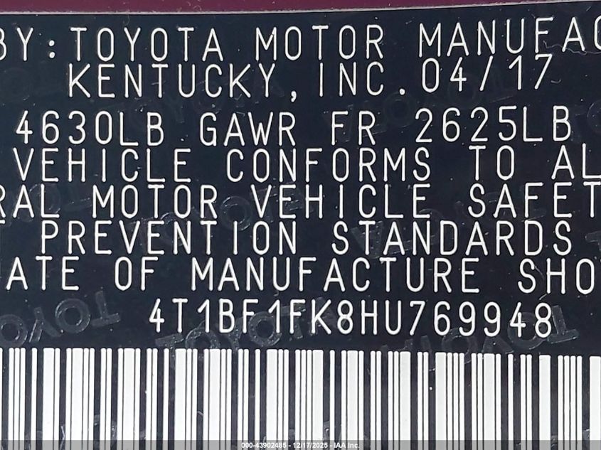 2017 Toyota Camry Xle VIN: 4T1BF1FK8HU769948 Lot: 43902485