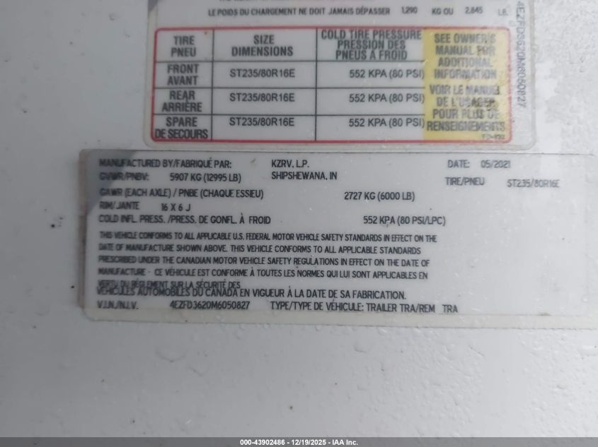 2021 Kz 5Th Wheel Travel Trailer VIN: 4EZFD3620M6050827 Lot: 43902486