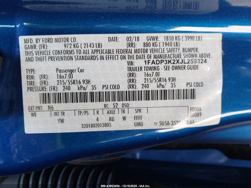 2018 Ford Focus Se VIN: 1FADP3K2XJL259324 Lot: 43902494