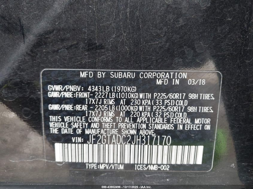 2018 Subaru Crosstrek 2.0I Premium VIN: JF2GTADC2JH317170 Lot: 43902496