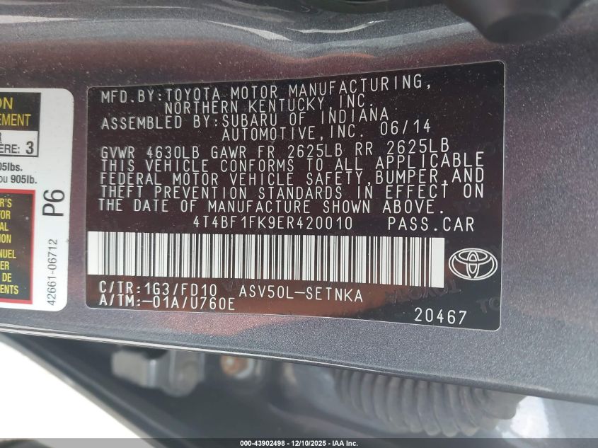 2014 Toyota Camry Le VIN: 4T4BF1FK9ER420010 Lot: 43902498