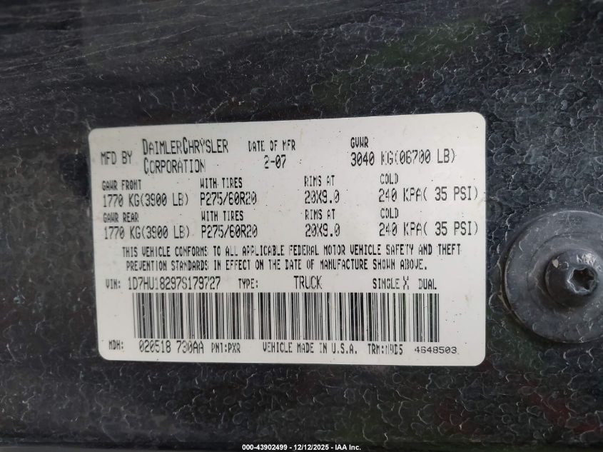 2007 Dodge Ram 1500 Slt/Trx4 Off Road/Sport VIN: 1D7HU18297S179727 Lot: 43902499