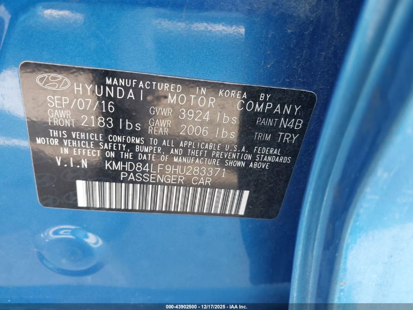 2017 Hyundai Elantra Value Edition VIN: KMHD84LF9HU283371 Lot: 43902500