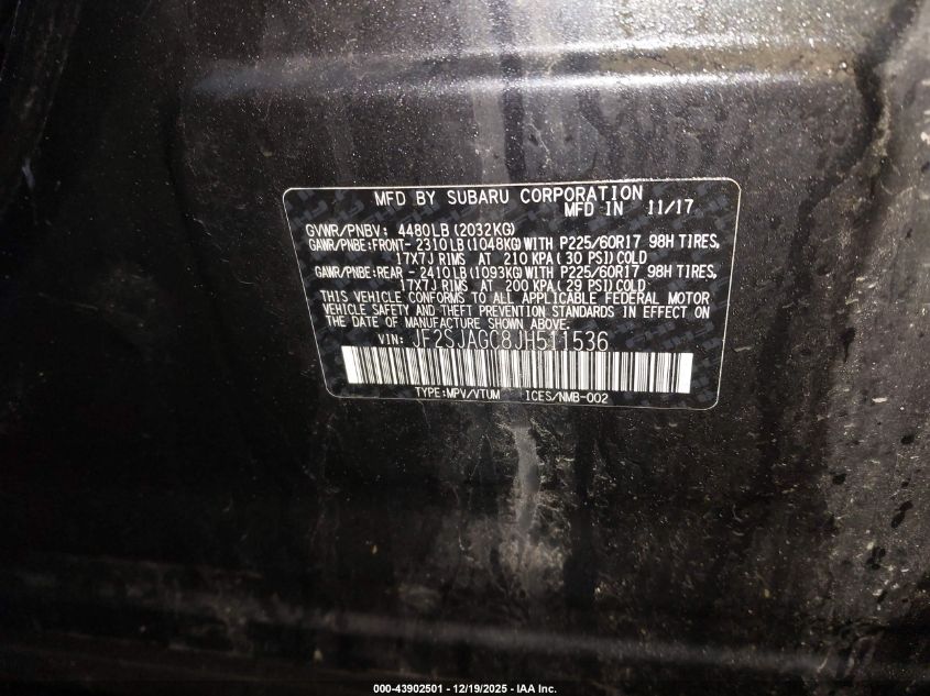 2018 Subaru Forester 2.5I Premium VIN: JF2SJAGC8JH511536 Lot: 43902501