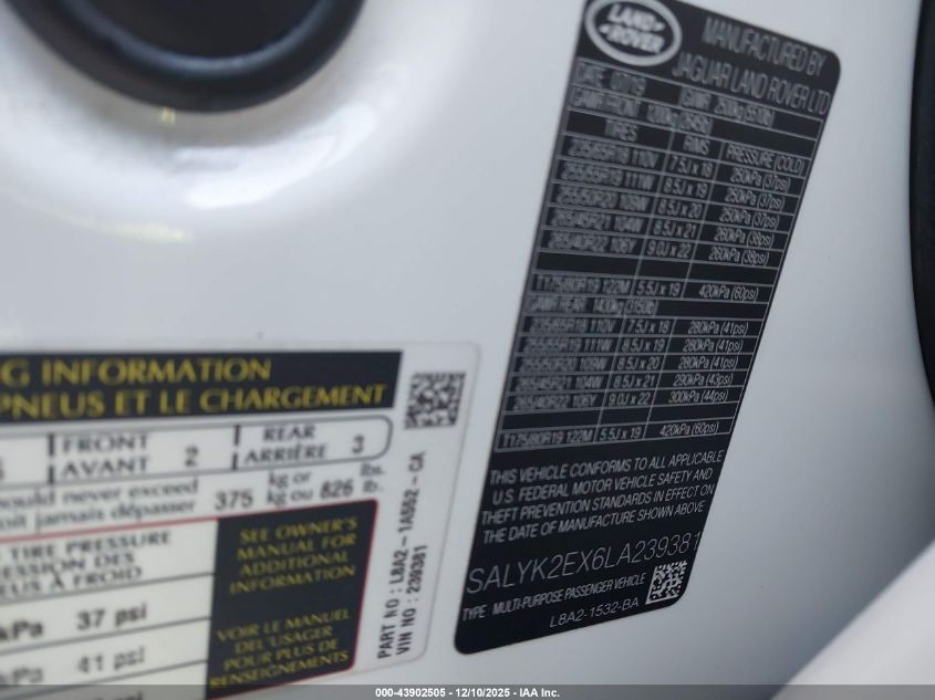 2020 Land Rover Range Rover Velar P250 R-Dynamic S VIN: SALYK2EX6LA239381 Lot: 43902505