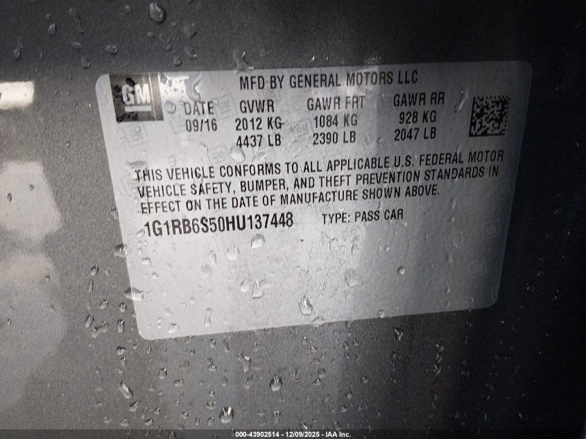 2017 Chevrolet Volt Premier VIN: 1G1RB6S50HU137448 Lot: 43902514