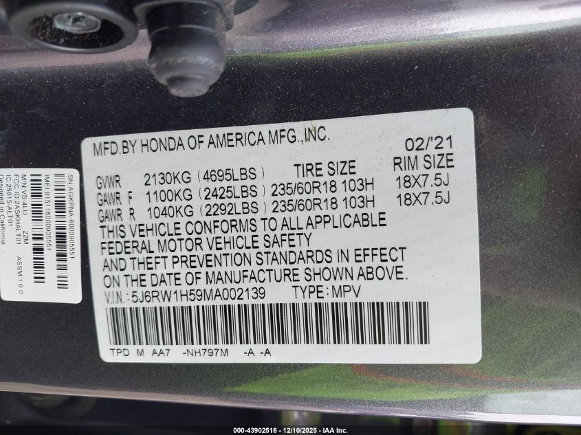 2021 Honda Cr-V 2Wd Ex VIN: 5J6RW1H59MA002139 Lot: 43902516