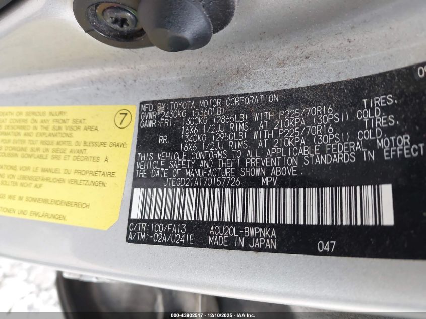 2007 Toyota Highlander VIN: JTEGD21A170157726 Lot: 43902517