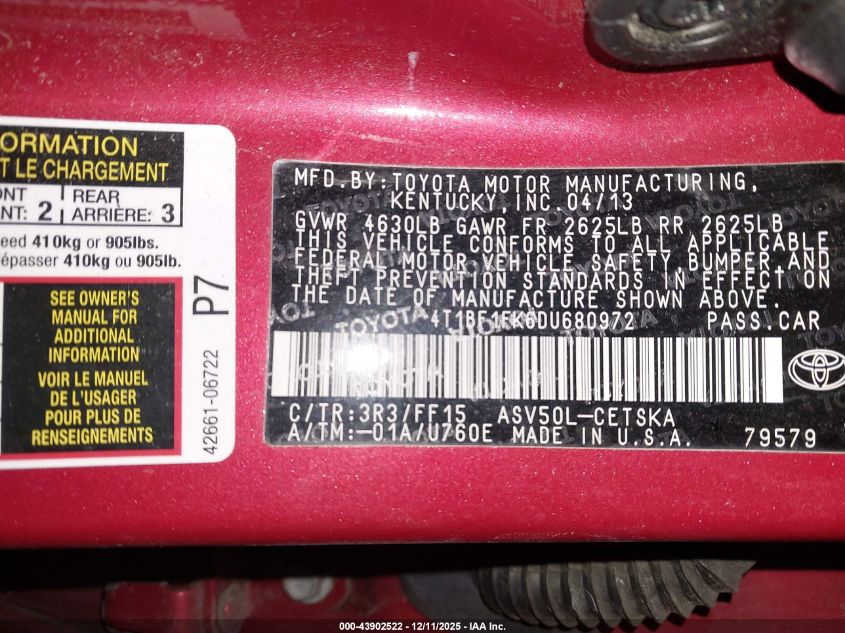 2013 Toyota Camry Se VIN: 4T1BF1FK6DU680972 Lot: 43902522