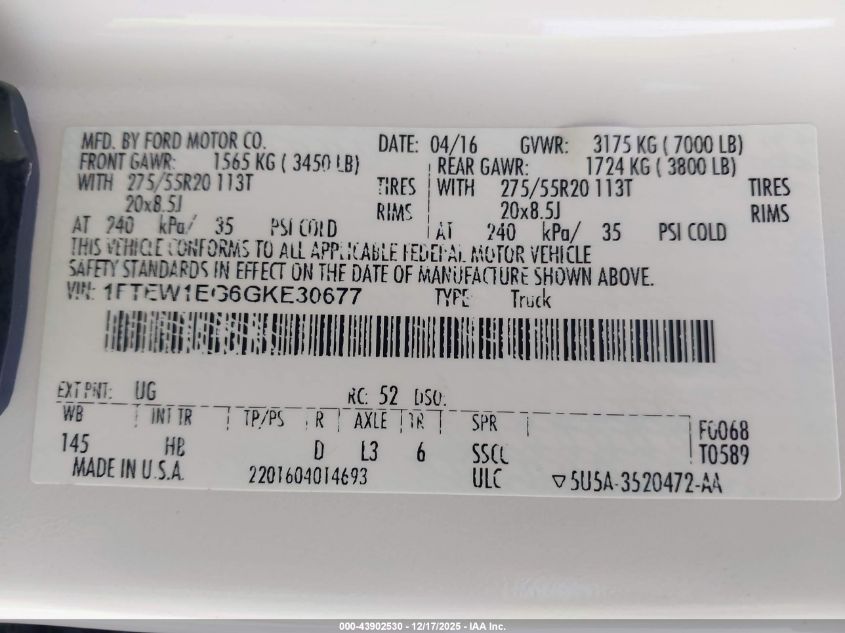 2016 Ford F-150 Lariat VIN: 1FTEW1EG6GKE30677 Lot: 43902530