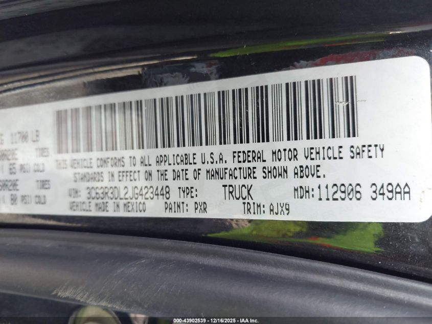 2018 Ram 3500 Big Horn 4X4 6'4 Box VIN: 3C63R3DL2JG423448 Lot: 43902539