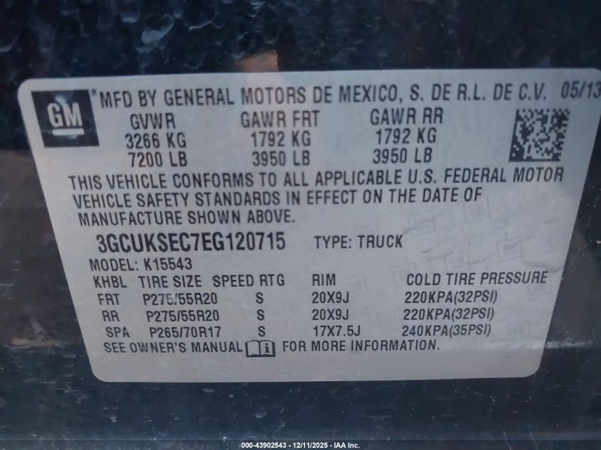 2014 Chevrolet Silverado 1500 1Lz VIN: 3GCUKSEC7EG120715 Lot: 43902543