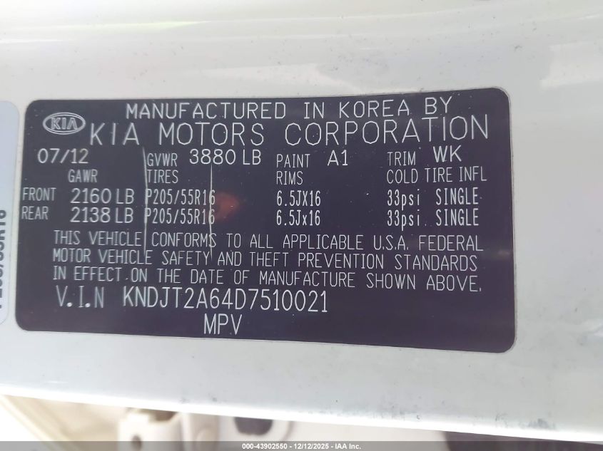 2013 Kia Soul + VIN: KNDJT2A64D7510021 Lot: 43902550