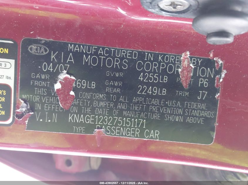 2007 Kia Optima Lx VIN: KNAGE123275151171 Lot: 43902557