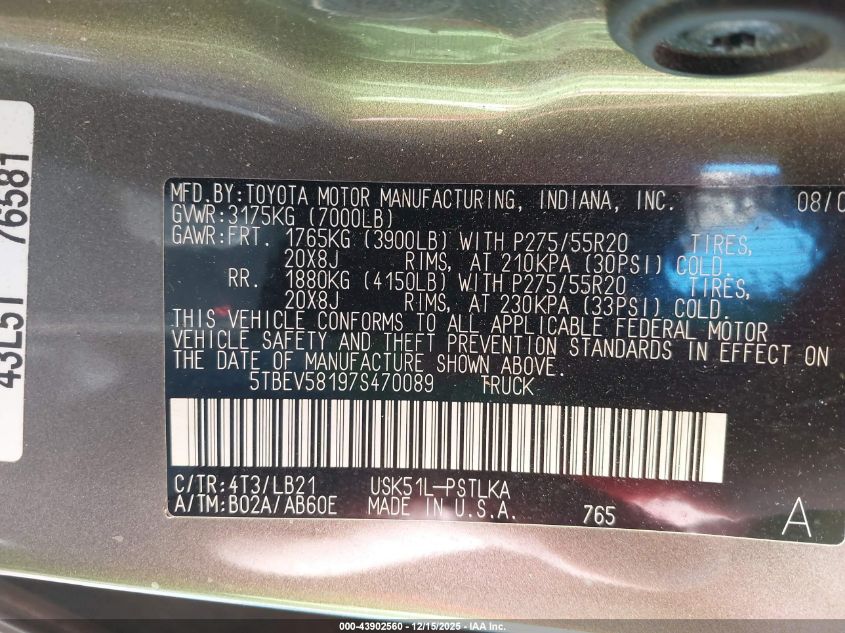 2007 Toyota Tundra Limited 5.7L V8 VIN: 5TBEV58197S470089 Lot: 43902560