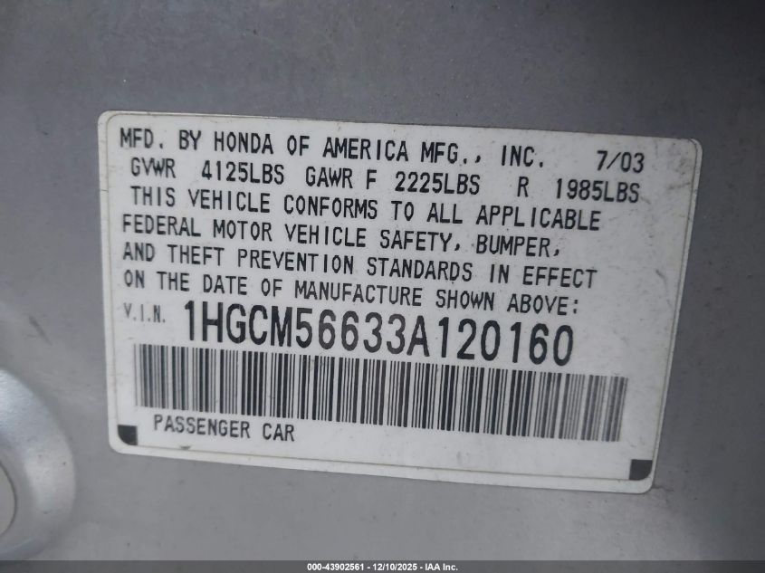 2003 Honda Accord 2.4 Ex VIN: 1HGCM56633A120160 Lot: 43902561