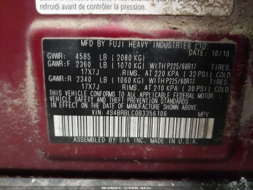 2011 Subaru Outback 2.5I Limited VIN: 4S4BRBLC0B3356106 Lot: 43902570