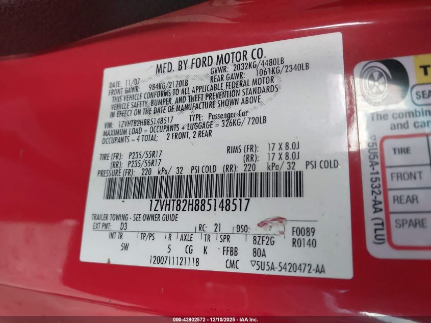 2008 Ford Mustang Gt Deluxe/Gt Premium VIN: 1ZVHT82H885148517 Lot: 43902572