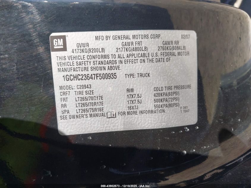 2007 Chevrolet Silverado 2500Hd Ltz VIN: 1GCHC23647F500935 Lot: 43902573