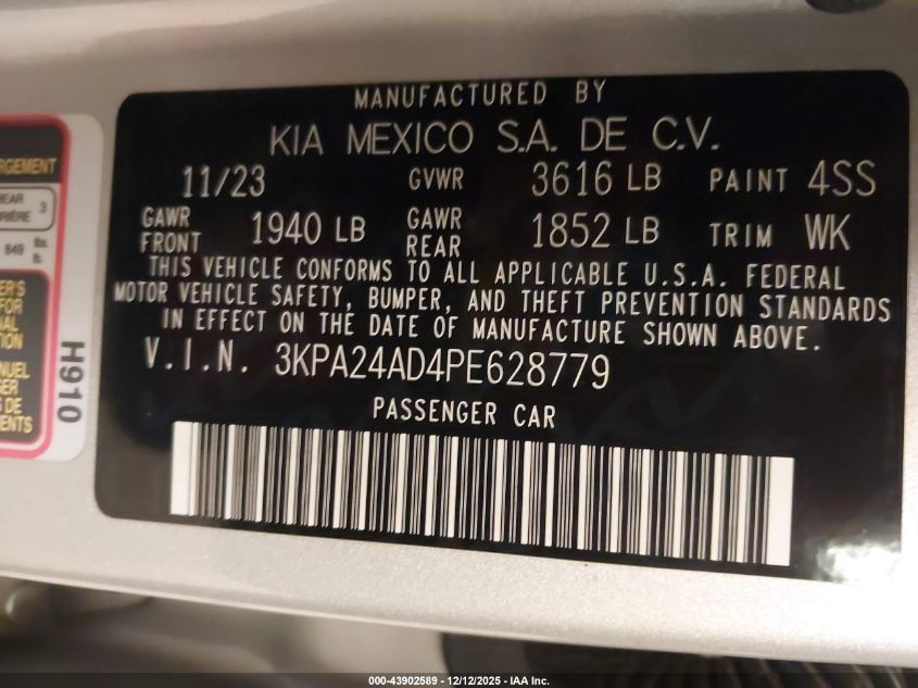2023 Kia Rio Lx VIN: 3KPA24AD4PE628779 Lot: 43902589