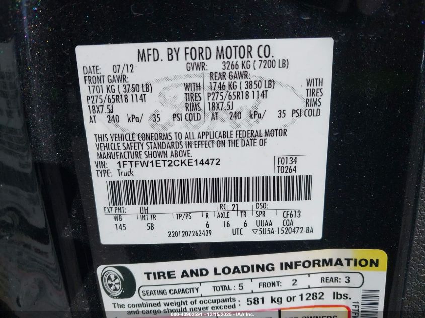 2012 Ford F-150 Fx4 VIN: 1FTFW1ET2CKE14472 Lot: 43902591