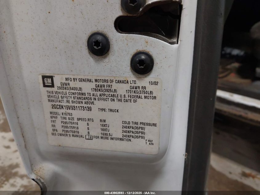 2003 Chevrolet Silverado 1500 Ls VIN: 2GCEK19V931173139 Lot: 43902593