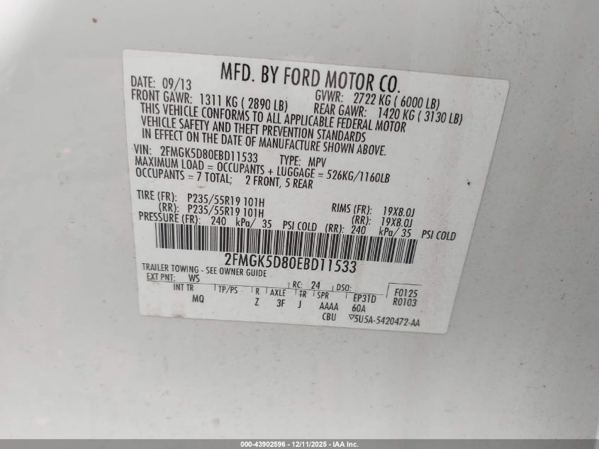 2014 Ford Flex Limited VIN: 2FMGK5D80EBD11533 Lot: 43902596