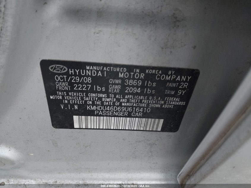 2009 Hyundai Elantra Gls VIN: KMHDU46D69U616410 Lot: 43902623