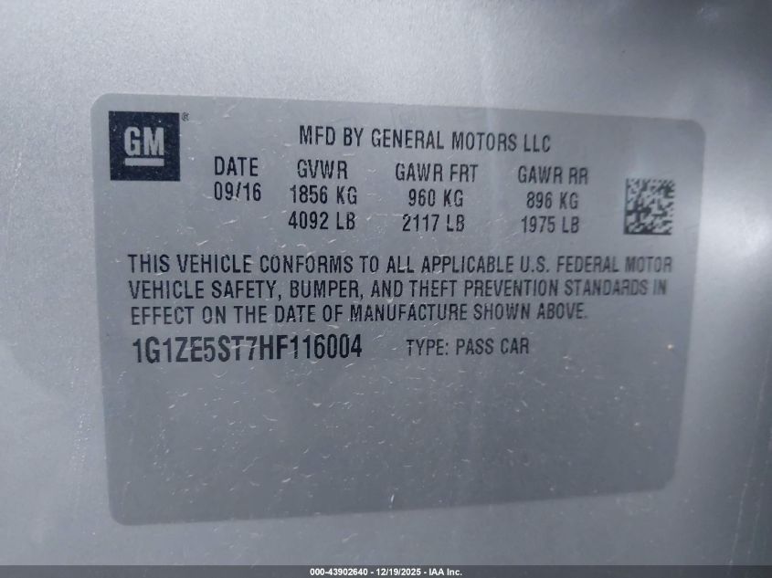 2017 Chevrolet Malibu 1Lt VIN: 1G1ZE5ST7HF116004 Lot: 43902640