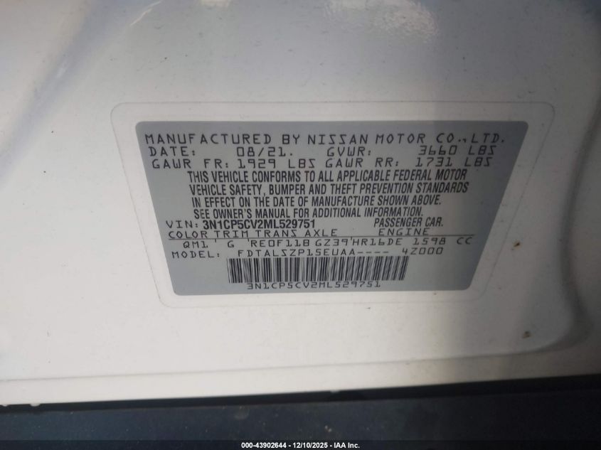 2021 Nissan Kicks Sv Xtronic Cvt VIN: 3N1CP5CV2ML529751 Lot: 43902644