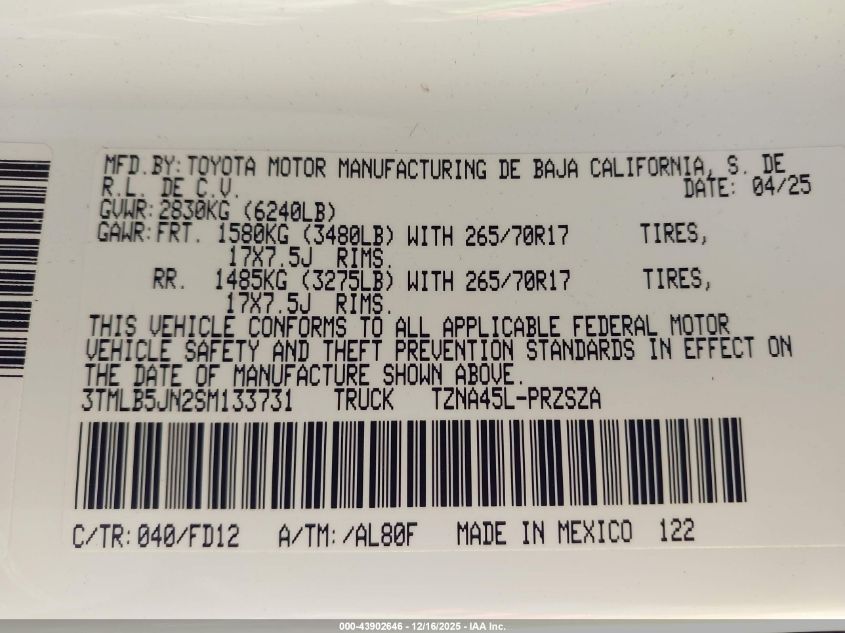 2025 Toyota Tacoma Trd Off Road VIN: 3TMLB5JN2SM133731 Lot: 43902646