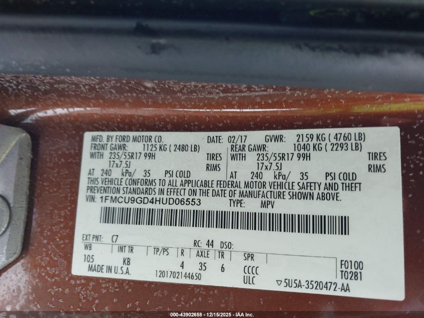 2017 Ford Escape Se VIN: 1FMCU9GD4HUD06553 Lot: 43902658