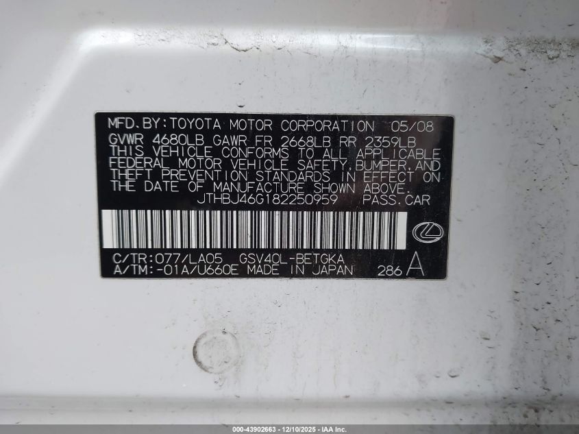 2008 Lexus Es 350 VIN: JTHBJ46G182250959 Lot: 43902663