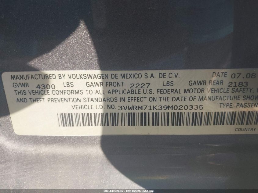 2009 Volkswagen Jetta Se/Sel VIN: 3VWRM71K39M020335 Lot: 43902665
