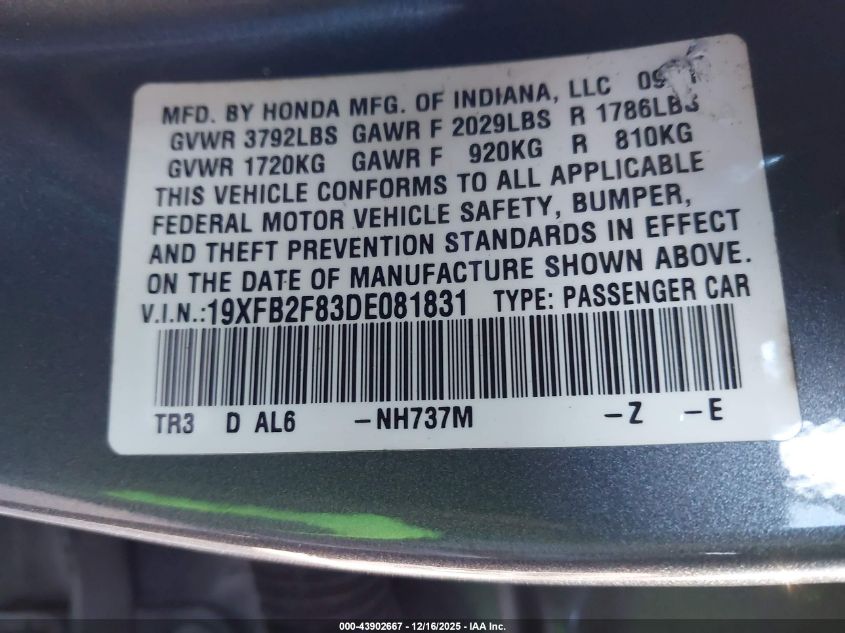 2013 Honda Civic Ex VIN: 19XFB2F83DE081831 Lot: 43902667