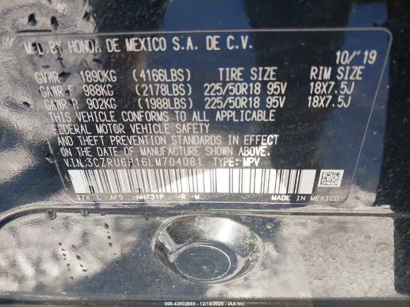 2020 Honda Hr-V Awd Sport VIN: 3CZRU6H16LM704081 Lot: 43902669