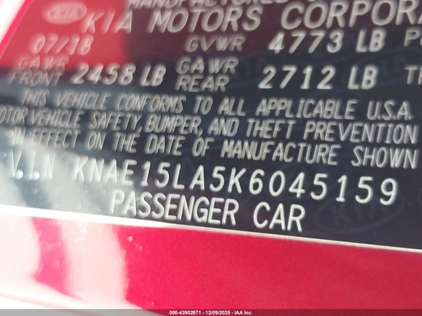 2019 Kia Stinger VIN: KNAE15LA5K6045159 Lot: 43902671