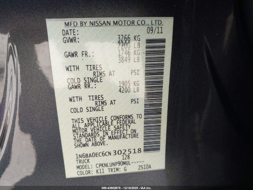 2012 Nissan Titan Pro-4X VIN: 1N6BA0EC6CN302518 Lot: 43902675